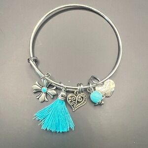 Alex and Ani‎ Silver Bangle Bracelet Turquoise Hearts Love You Charms Adjustable